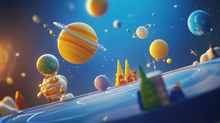 Naklejka premium Colorful 3D Illustration of a Fantastical Space Scene Featuring Planets, Astronauts, and Vibrant Celestial Bodies Against a Magical Cosmic Background
