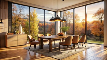 Fototapeta premium Modern Minimalist Dining Room with Black Pendant Light and Glass Table in Autumn Glow