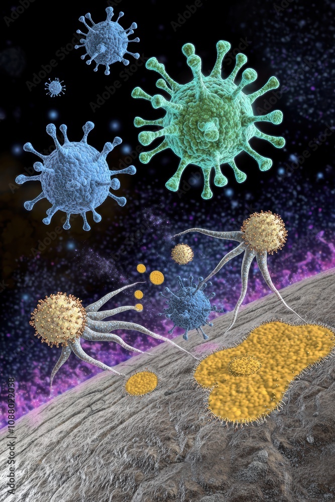 Poster detailed visualization of various microorganisms interacting in an abstract space setting, represent