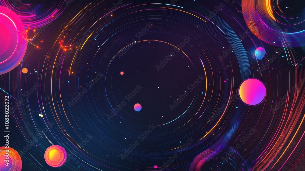 Poster vibrant cosmic background with colorful circles and swirling light trails creating an abstract inter