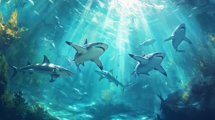Obraz premium A school of sharks swim through a sunlit underwater cave.