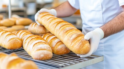 Baker Arranging Baguettes on Cooling Rack