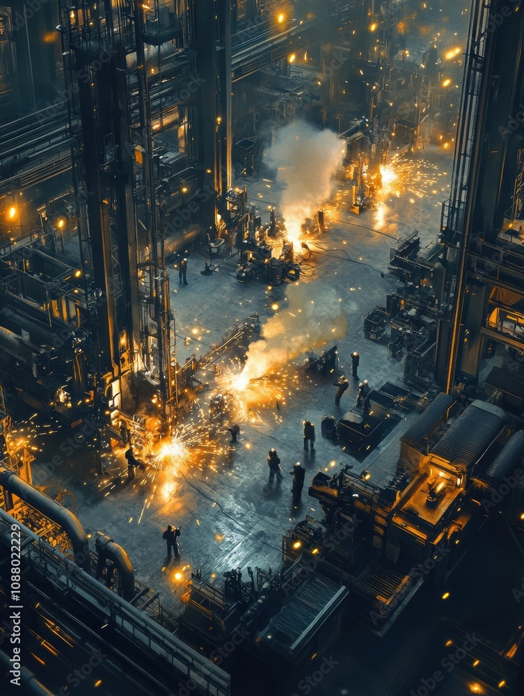 Aufkleber in a large industrial workshop, workers focus on welding, creating bright sparks from machines while