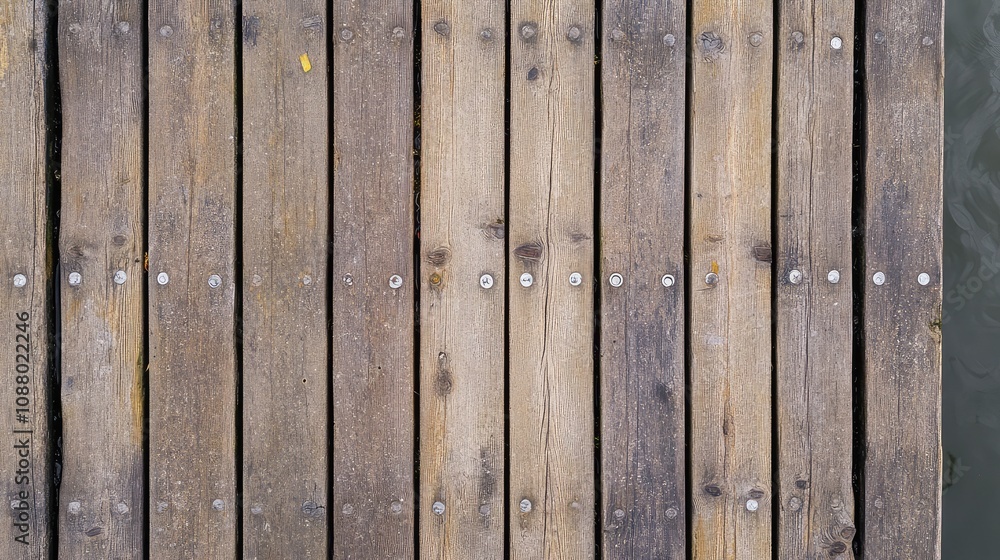 Poster aerial view of weathered wooden dock planks over calm water surface with subtle reflection and natur