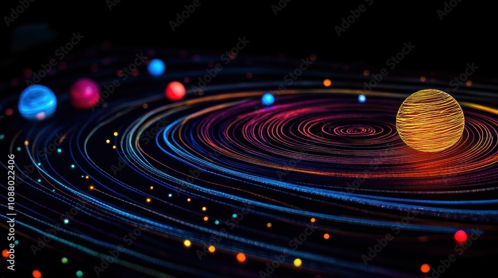 Poster stunning cosmic visualization with colorful planets and dynamic orbit patterns in a dark space backg