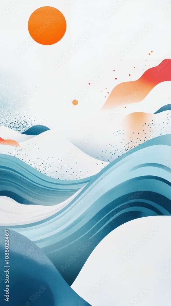 Poster abstract ocean waves with stylized sun in the sky, representing calmness and serenity in a colorful 