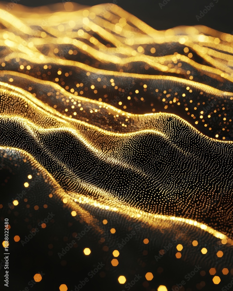 Poster abstract gold waves with shimmering particles in a mesmerizing pattern, creating a dynamic and visua