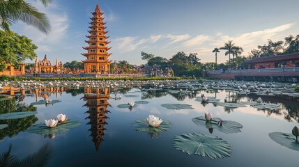 Serene Reflection of a Towering Pagoda Surrounded by Lush Greenery and Tranquil Lotus Pond under Clear Blue Sky in Bali, Indonesia