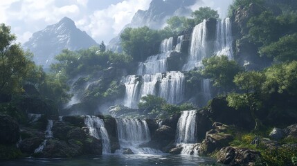 Fototapeta premium Majestic Scenic Waterfall Surrounded by Lush Greenery and Towering Mountains in a Serene Nature Landscape