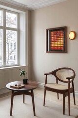 Fototapeta premium Modern Living Room with Wooden Chair, Round Table, and Contemporary Wall Art in a Cozy, Minimalist Interior Design Featuring Natural Light and Neutral Tones