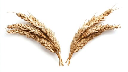 Two bunches of wheat stalks with golden ears arranged in a V shape against a white background.