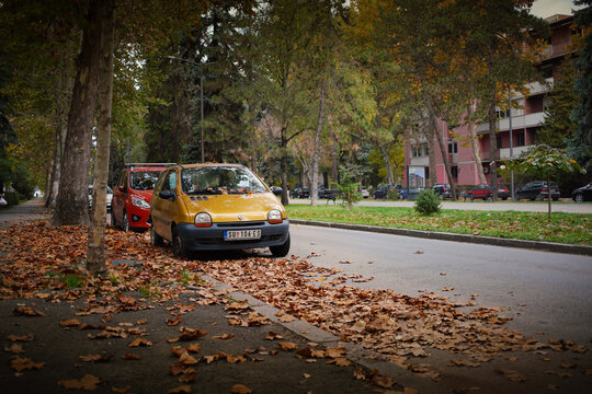 Golden-yellow Renault Twingo, first-generation, parked under autumn trees. Fallen leaves cover the ground, creating a seasonal atmosphere. Captured in Subotica, Serbia, 30.10.2024