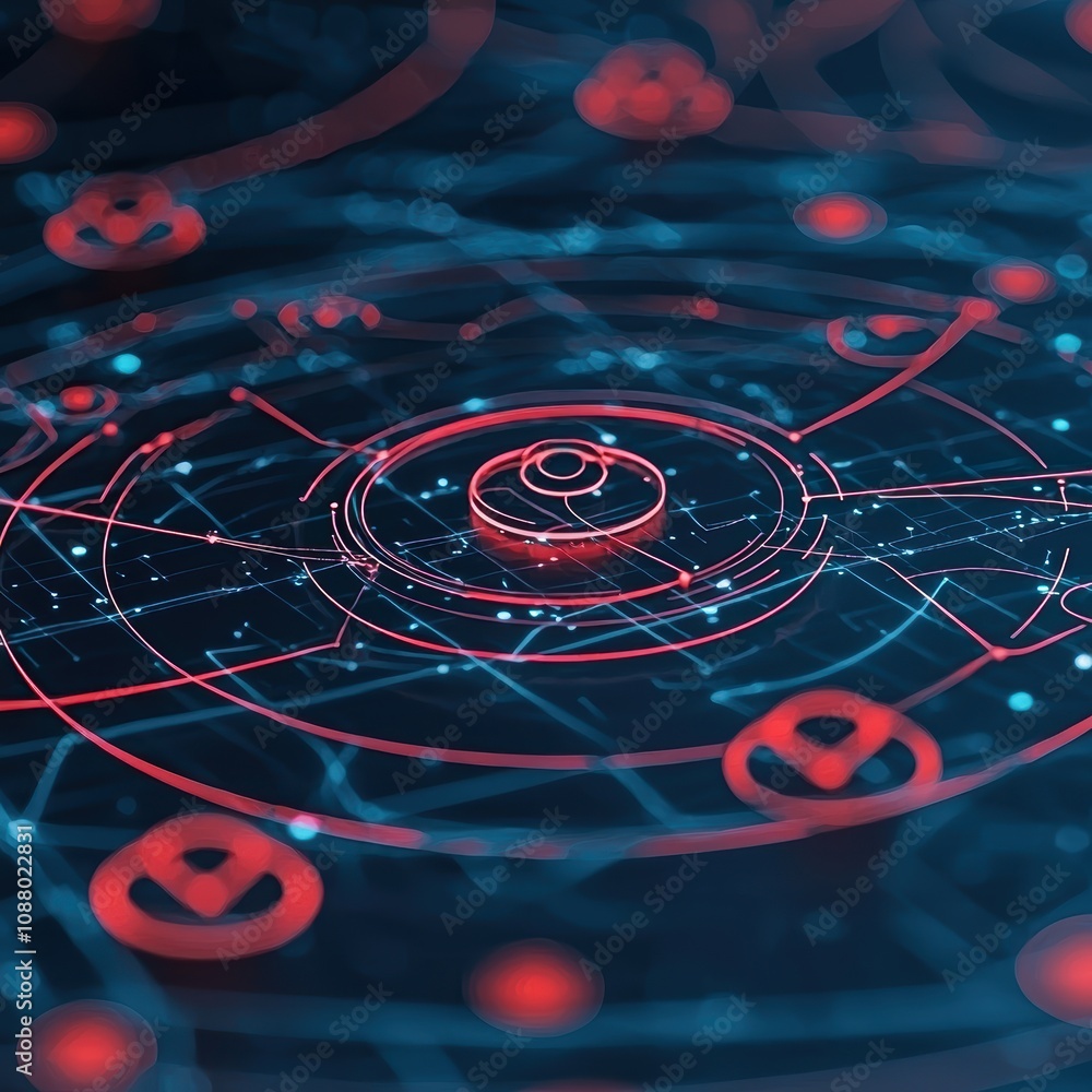Poster abstract technological design featuring intricate circular patterns with glowing red and blue elemen