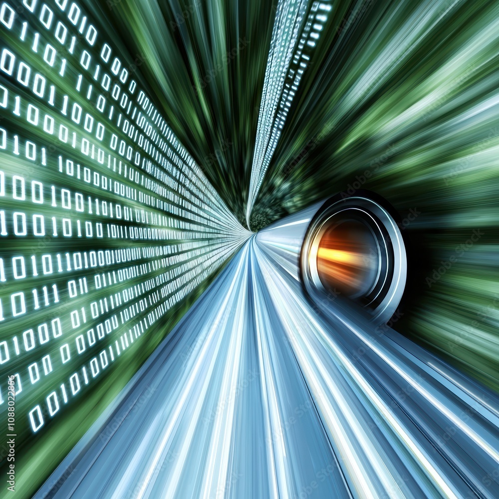 Poster Abstract representation of data transmission featuring binary numbers and a glowing tunnel, symbolizing speed and technology in a digital world