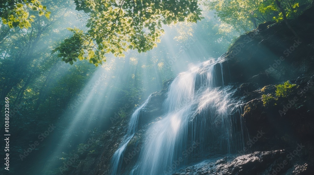 Poster serene waterfall cascading over rocks in a lush forest with sunlight filtering through green canopy 