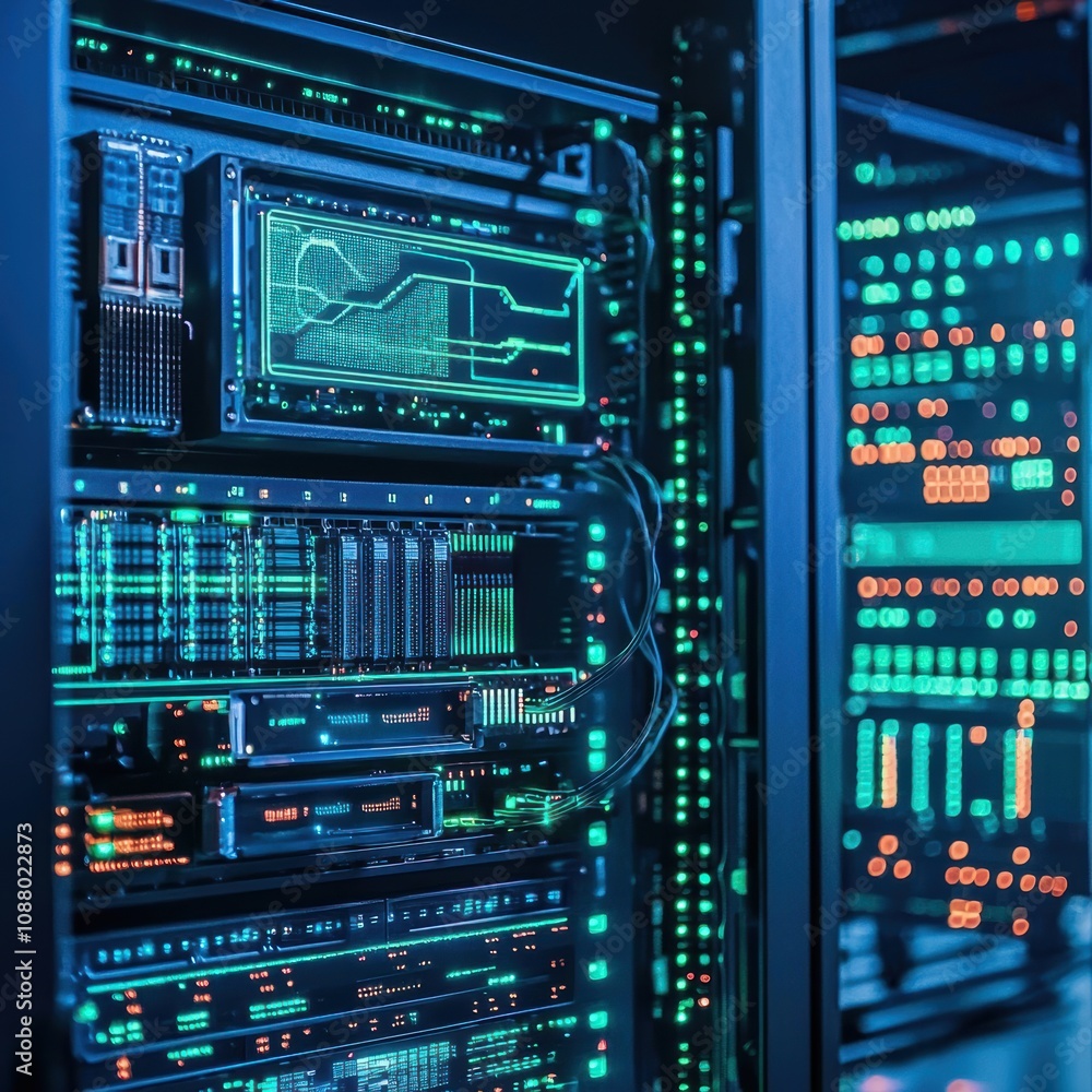 Poster aesthetic view of high-tech server rack with illuminated circuit boards and digital displays in a mo