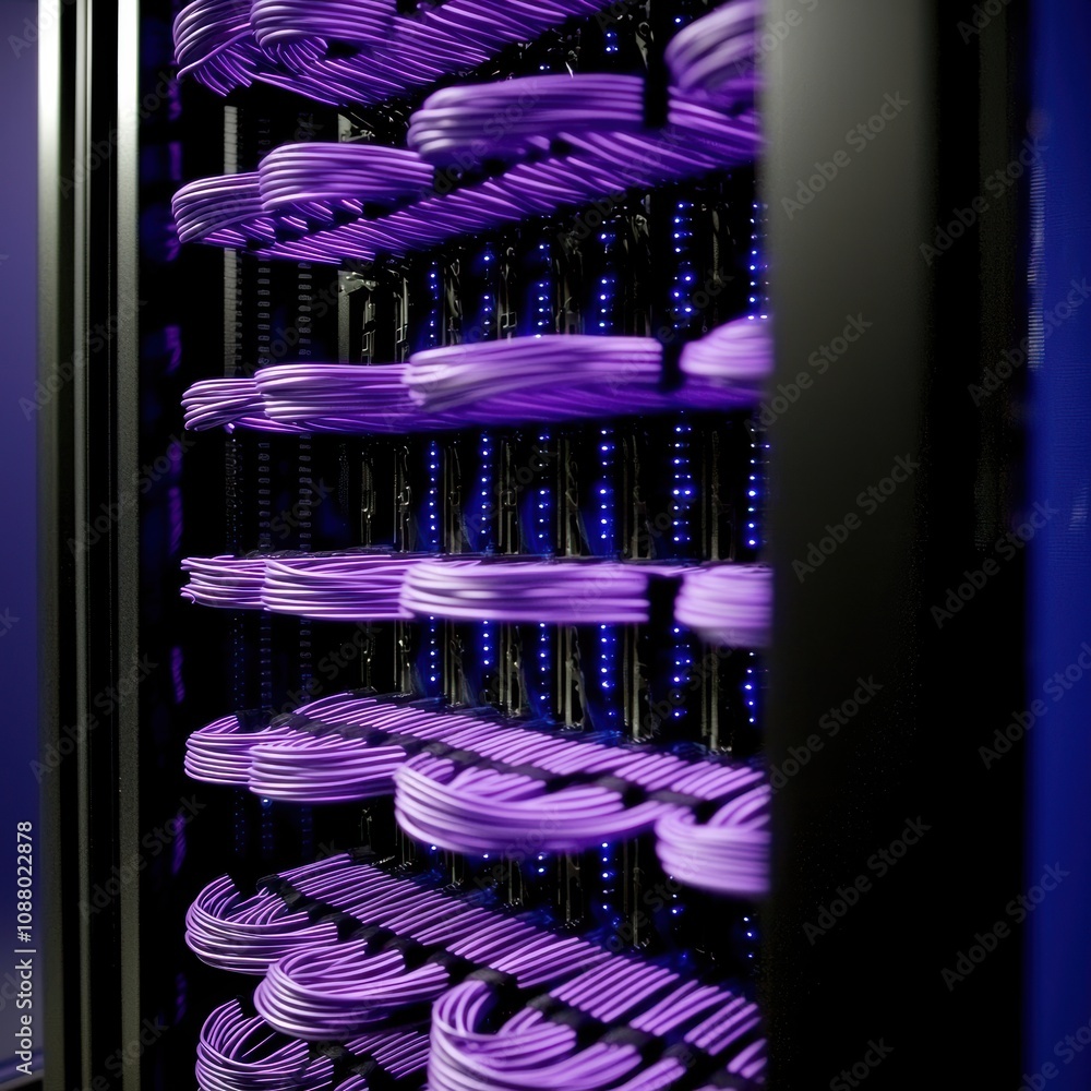 Poster close-up of server rack with vibrant purple cables and led lights illuminating high-tech data center