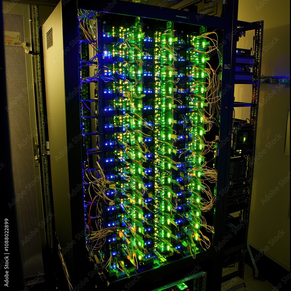 Poster technological innovation in data storage: close-up of computer server rack illuminated with colorful