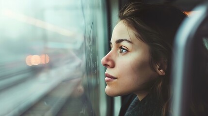 A contemplative young woman gazes out of a train window, lost in thought as the scenery blurs by.