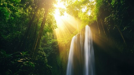 Serene Waterfall Surrounded by Lush Green Forest with Sunlight Streaming Through Trees, Creating a Tranquil Nature Scene in a Remote Jungle Setting