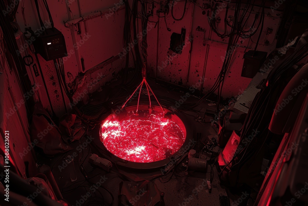 Aufkleber red illuminated pool of light in an abandoned industrial space with exposed wires and distressed wal