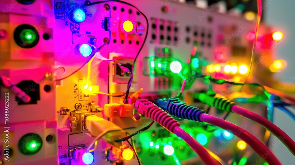 Poster colorful led lights and wires on a circuit board showcasing the intricacies of modern technology in 