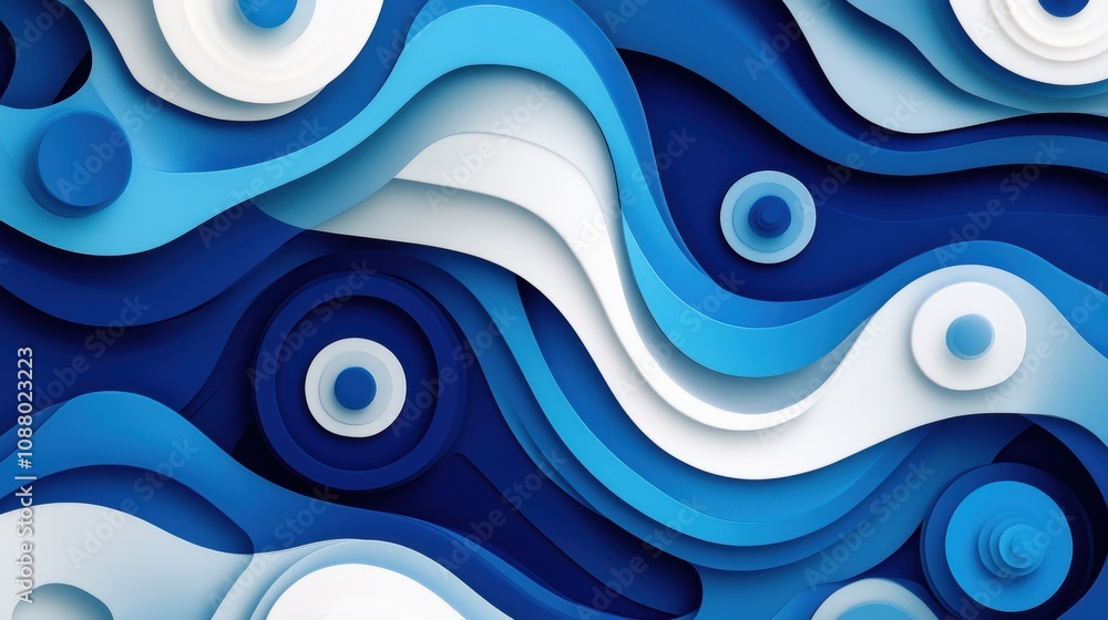 Poster abstract blue wave pattern with smooth curves and circular shapes, featuring a variety of shades and