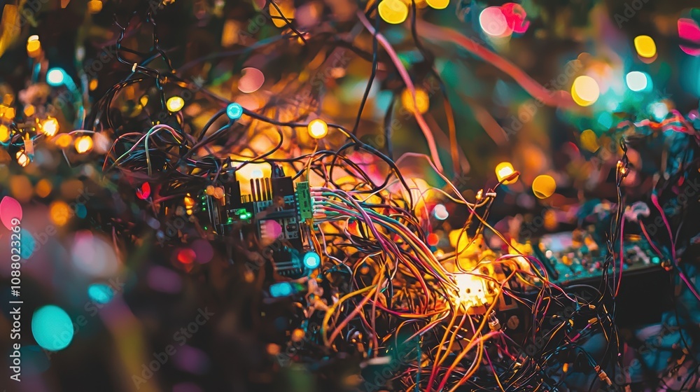 Poster abstract view of colorful wiring and circuitry with bokeh lights creating a dreamy atmosphere of tec