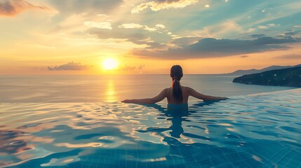Fototapeta premium A serene sunset view from an infinity pool, highlighting relaxation and nature's beauty.