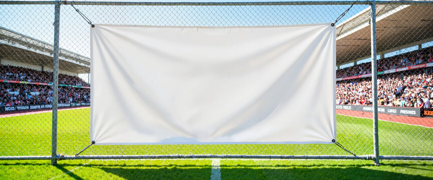 Blank banner on fence at sports event, outdoor advertising mockup