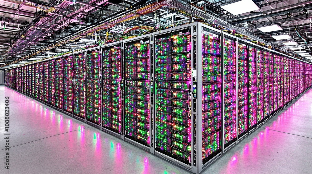 Poster a futuristic data center with rows of colorful servers illuminated by vibrant led lights, showcasing