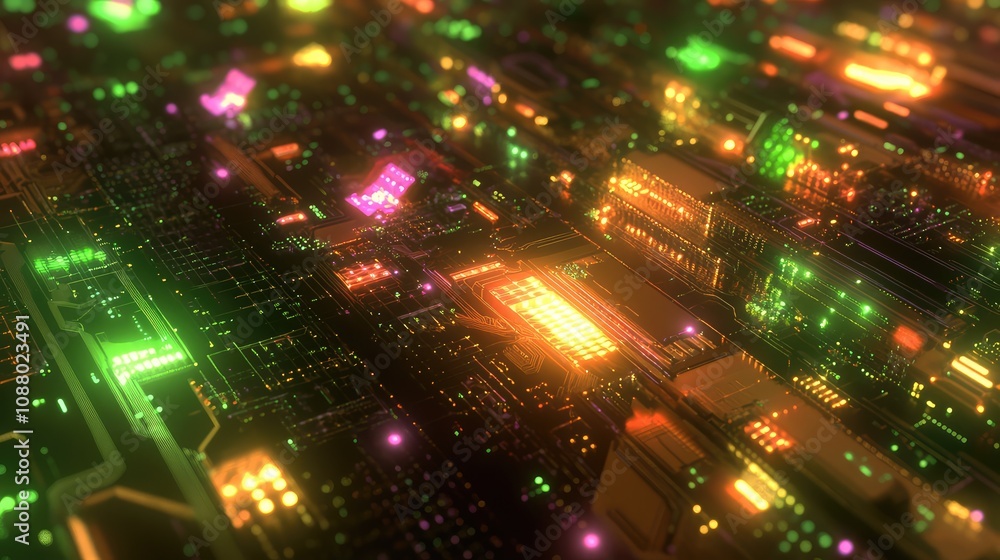 Poster abstract representation of colorful circuit board with glowing lights and complex patterns, ideal fo