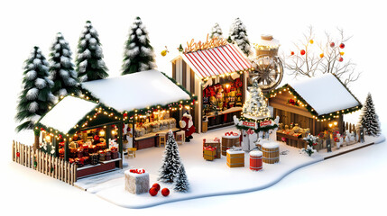 Enchanting christmas village in outdoor setting with lights and decorations on white background. Charming Village Market. Illustration