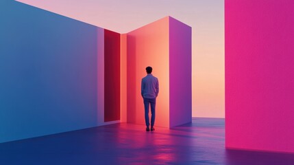 Obraz premium Surreal Landscape with Person in Colorful Minimalist Environment During Sunset, Exploring Abstract Walls, Mood, Light, and Reflection in Vibrant Colors