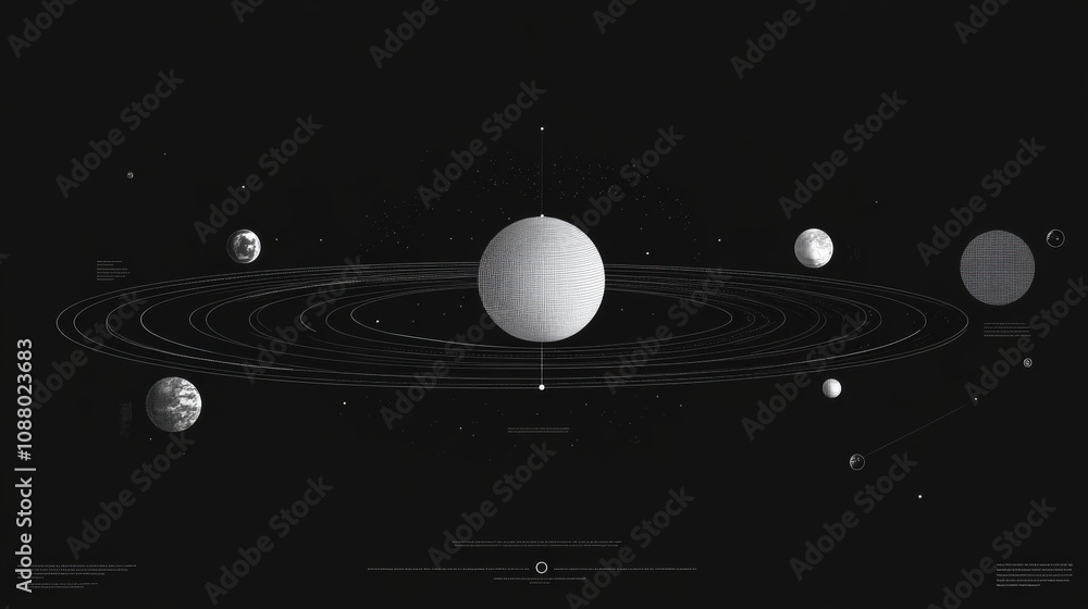 Poster futuristic visualization of a planetary system featuring a central sphere with rings and surrounding