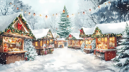 Charming watercolor painting of a festive christmas market with decorated stalls, snow-covered trees, and seasonal decorations. Charming Village Market. Illustration