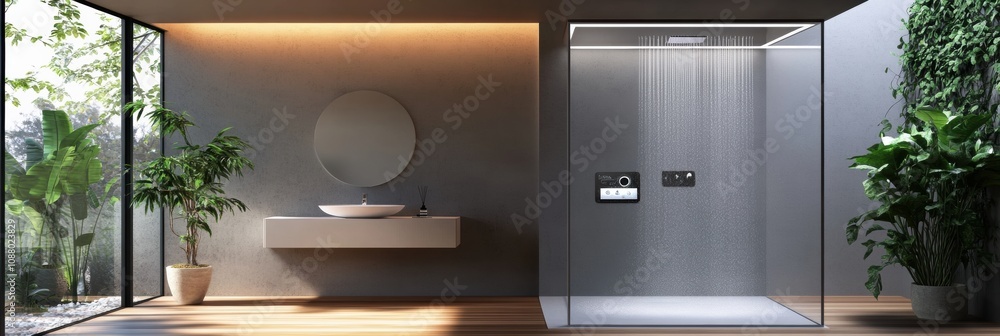 Poster this stylish bathroom showcases a smart shower system with touch controls and a serene atmosphere cr