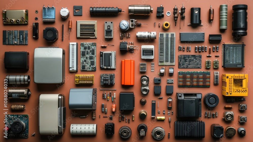 Poster a comprehensive collection of electronic components and circuitry elements set against a vibrant bac