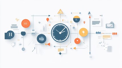 Naklejka premium An abstract illustration of a clock surrounded by various business icons, representing the importance of time management and workflow.