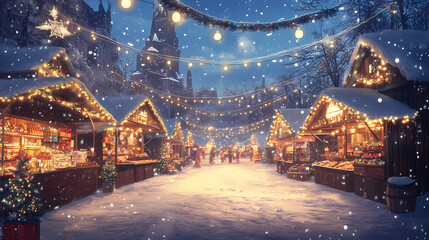 A magical winter scene featuring illuminated market stalls amidst a snowy landscape, evoking a festive holiday atmosphere. Charming Village Market. Illustration