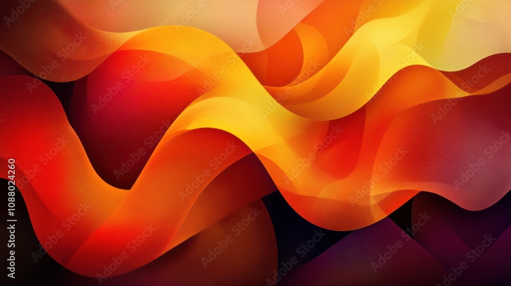 Poster vibrant abstract waves in warm tones of red, orange, and yellow flowing smoothly across a dark backg