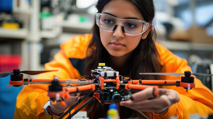 Female drone pilot testing advanced drone technology in lab setting Woman in Tech Concept.