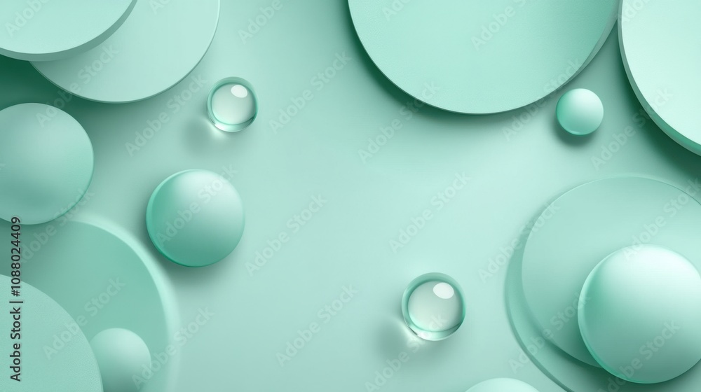 Poster abstract composition of soft mint green circles and droplets creating a calm and serene background p