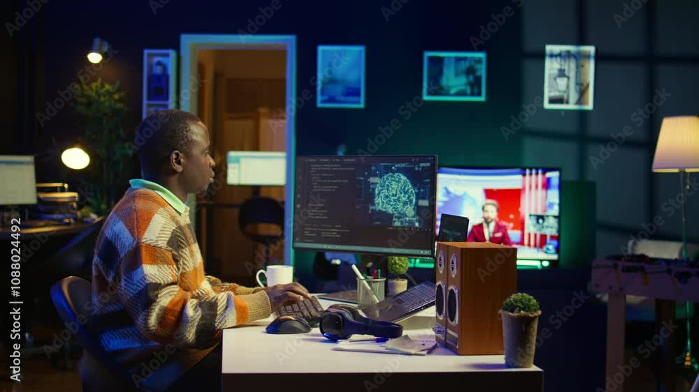 Poster professional male developer manages neural network at desk, working with ai code on laptop. african 