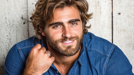 Charming young man with tousled hair and a warm smile, posing confidently in a denim shirt against a rustic wooden background, exuding charisma and approachability.