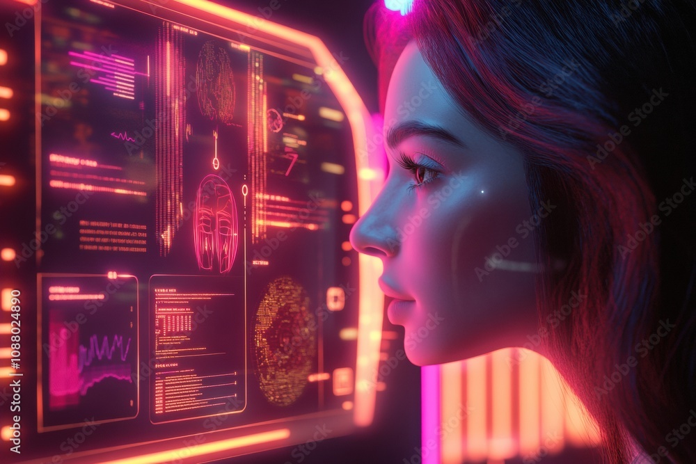 Poster a person engages with an interactive mirror that evaluates hair condition and provides tailored sugg