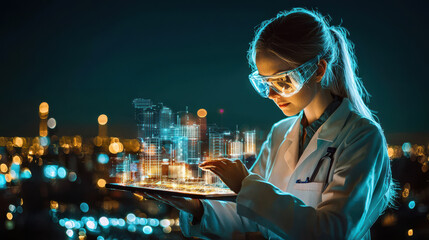 female scientist using tablet to visualize digital cityscape at night Woman in Tech Concept.