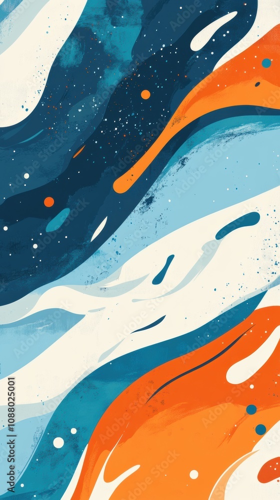 Poster abstract waves in vibrant blue and orange with dynamic shapes and flowing patterns creating a modern