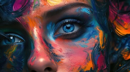 Vibrant Abstract Face Paint Portrait: A Close-Up of  Blue Eyes and Bold Color Palette