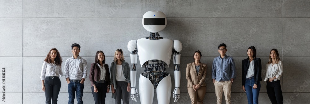 Fototapete a diverse group of individuals stands proudly in front of an abstract ai system, showcasing innovati